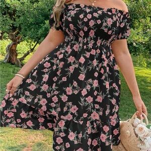 SHEIN Black and Pink Floral Off-Shoulder Midi Dress